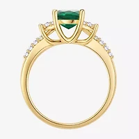 Womens Lab Created Green Emerald 14K Gold Over Silver Oval Side Stone Cocktail Ring