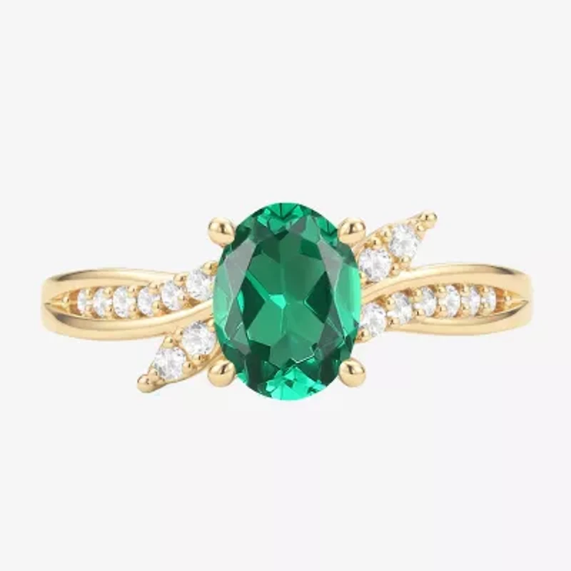 Womens Lab Created Green Emerald 14K Gold Over Silver Oval Side Stone Cocktail Ring