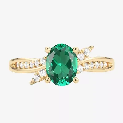 Womens Lab Created Green Emerald 14K Gold Over Silver Oval Side Stone Cocktail Ring