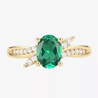 Womens Lab Created Green Emerald 14K Gold Over Silver Oval Side Stone Cocktail Ring