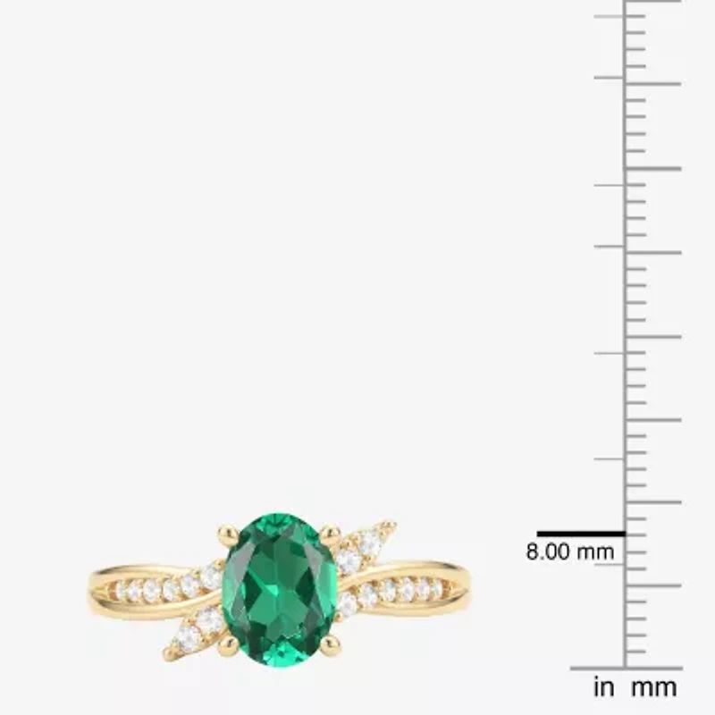Womens Lab Created Green Emerald 14K Gold Over Silver Oval Side Stone Cocktail Ring