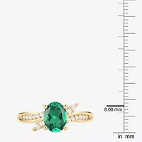 Womens Lab Created Green Emerald 14K Gold Over Silver Oval Side Stone Cocktail Ring