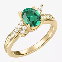 Womens Lab Created Green Emerald 14K Gold Over Silver Oval Side Stone Cocktail Ring