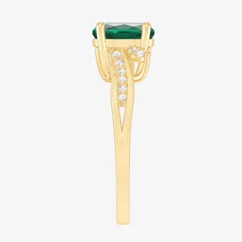 Womens Lab Created Green Emerald 14K Gold Over Silver Oval Side Stone Cocktail Ring