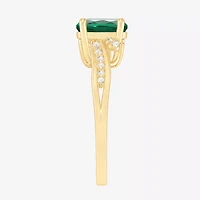 Womens Lab Created Green Emerald 14K Gold Over Silver Oval Side Stone Cocktail Ring