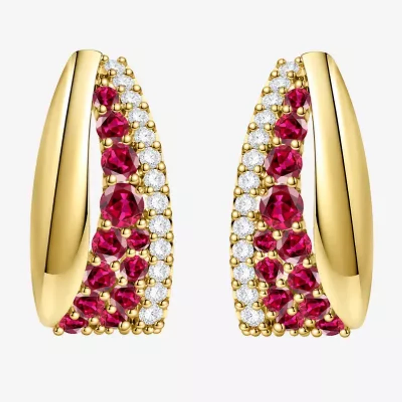 Womens Lab Created Red Ruby 14K Gold Over Silver 14mm Hoop Earrings