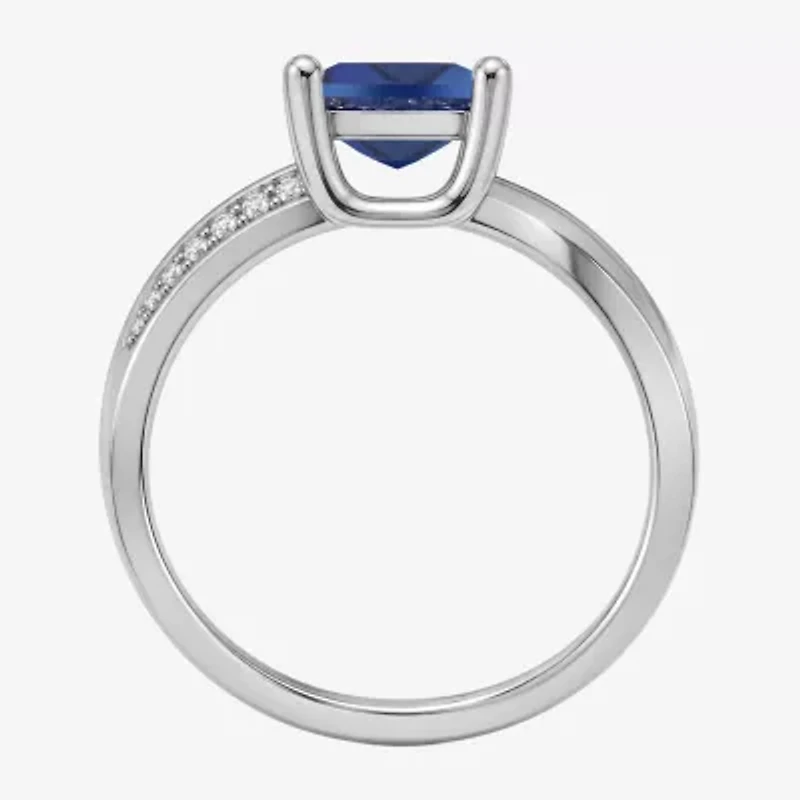 Womens Lab Created Blue Sapphire Sterling Silver Cushion Side Stone Cocktail Ring