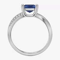 Womens Lab Created Blue Sapphire Sterling Silver Cushion Side Stone Cocktail Ring
