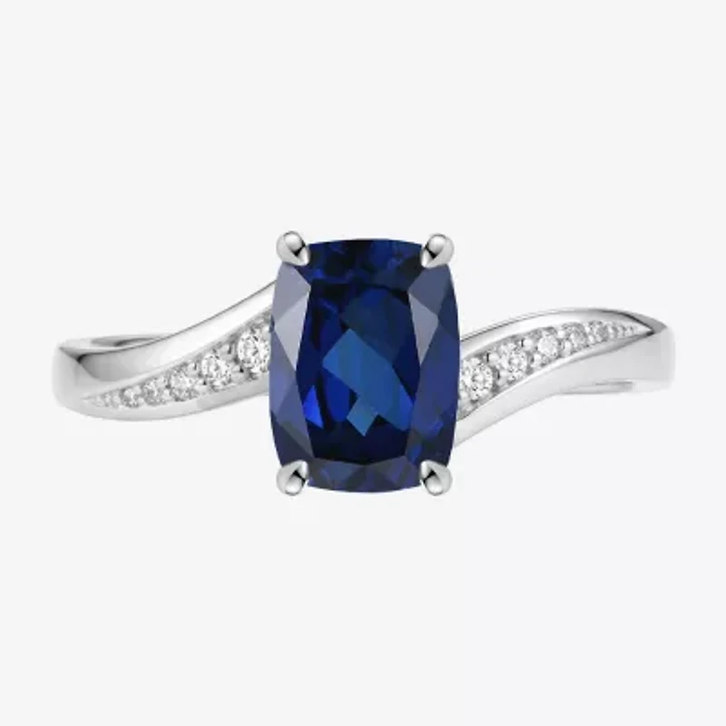 Womens Lab Created Blue Sapphire Sterling Silver Cushion Side Stone Cocktail Ring