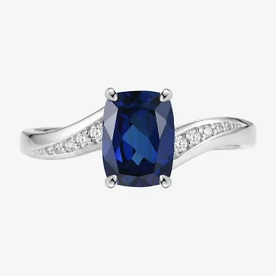 Womens Lab Created Blue Sapphire Sterling Silver Cushion Side Stone Cocktail Ring