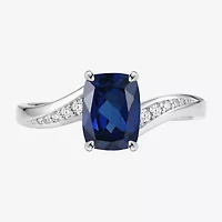 Womens Lab Created Blue Sapphire Sterling Silver Cushion Side Stone Cocktail Ring