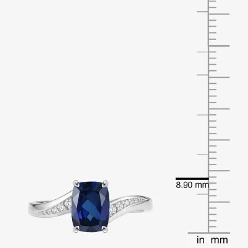 Womens Lab Created Blue Sapphire Sterling Silver Cushion Side Stone Cocktail Ring