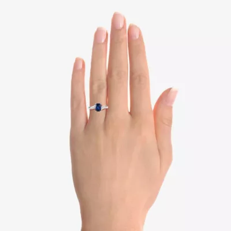 Womens Lab Created Blue Sapphire Sterling Silver Cushion Side Stone Cocktail Ring