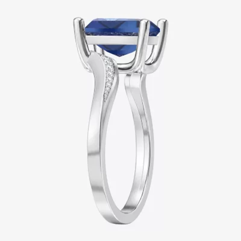 Womens Lab Created Blue Sapphire Sterling Silver Cushion Side Stone Cocktail Ring
