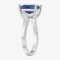Womens Lab Created Blue Sapphire Sterling Silver Cushion Side Stone Cocktail Ring