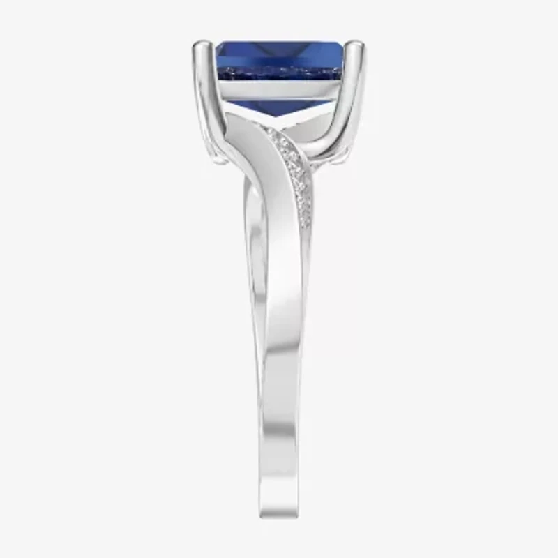 Womens Lab Created Blue Sapphire Sterling Silver Cushion Side Stone Cocktail Ring