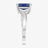 Womens Lab Created Blue Sapphire Sterling Silver Cushion Side Stone Cocktail Ring