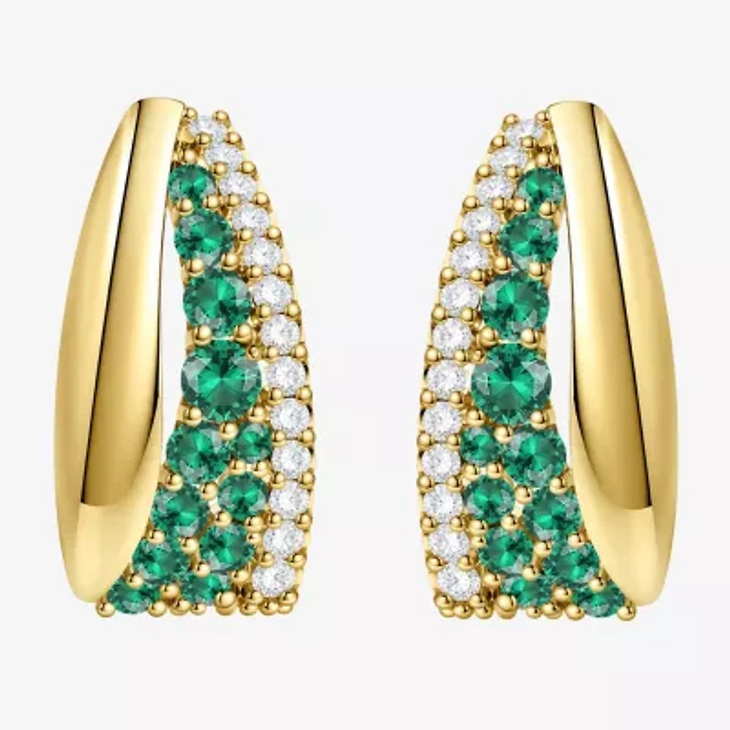 Womens Lab Created Green Emerald 14K Gold Over Silver 14mm Hoop Earrings