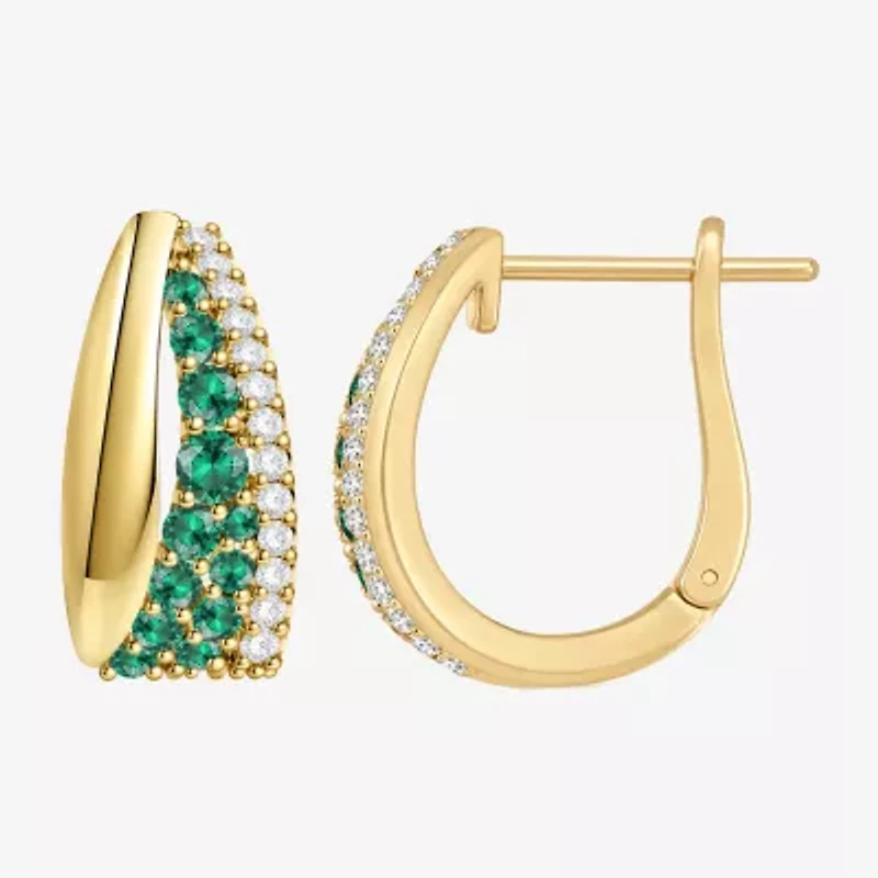 Womens Lab Created Green Emerald 14K Gold Over Silver 14mm Hoop Earrings