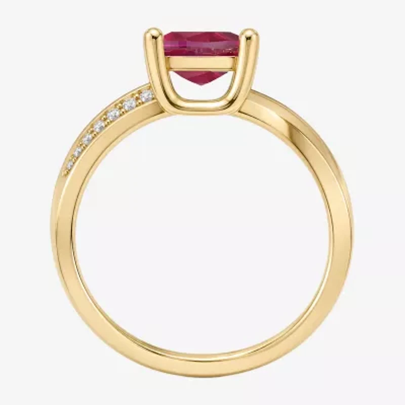 Womens Lab Created Red Ruby 14K Gold Over Silver Cushion Side Stone Cocktail Ring