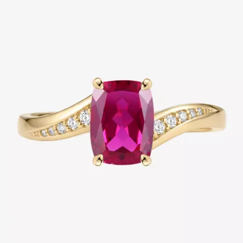 Womens Lab Created Red Ruby 14K Gold Over Silver Cushion Side Stone Cocktail Ring