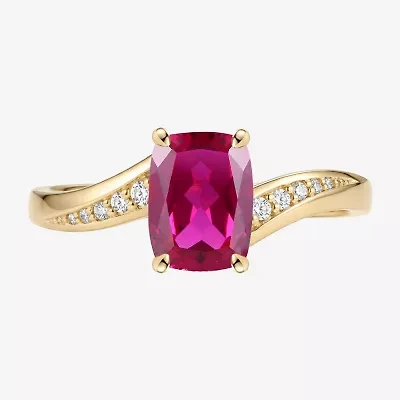 Womens Lab Created Red Ruby 14K Gold Over Silver Cushion Side Stone Cocktail Ring