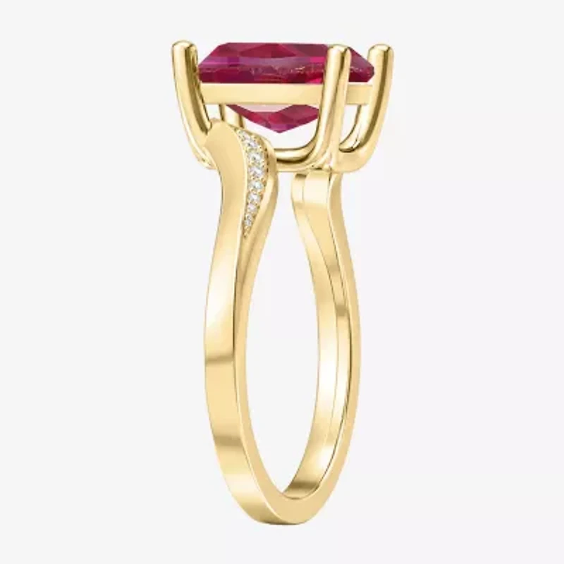 Womens Lab Created Red Ruby 14K Gold Over Silver Cushion Side Stone Cocktail Ring
