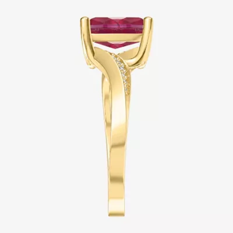 Womens Lab Created Red Ruby 14K Gold Over Silver Cushion Side Stone Cocktail Ring