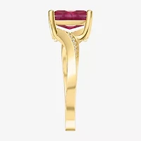 Womens Lab Created Red Ruby 14K Gold Over Silver Cushion Side Stone Cocktail Ring