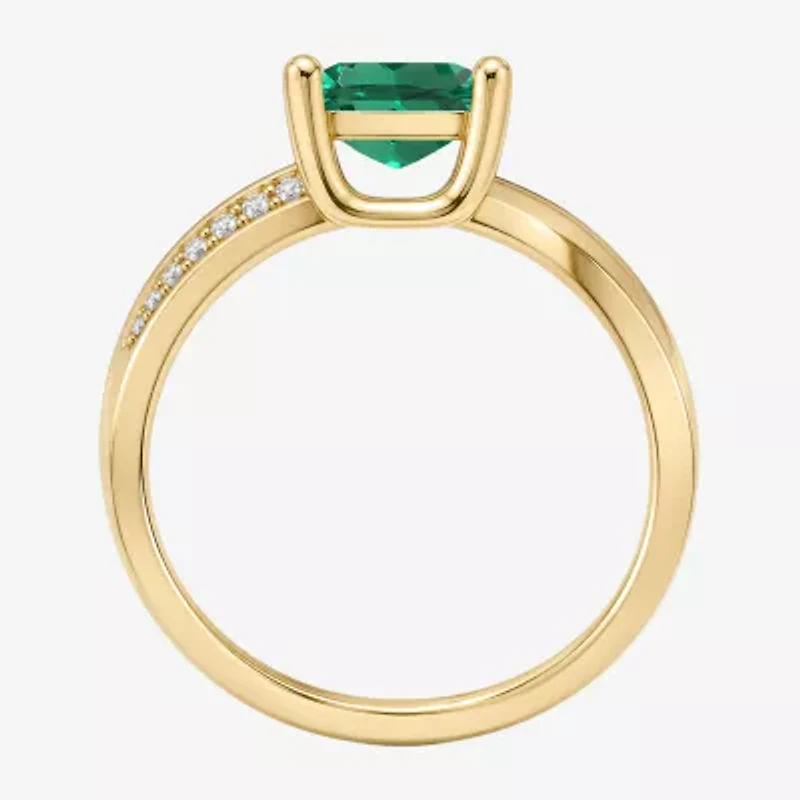 Womens Lab Created Green Emerald 14K Gold Over Silver Cushion Side Stone Cocktail Ring