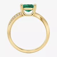 Womens Lab Created Green Emerald 14K Gold Over Silver Cushion Side Stone Cocktail Ring