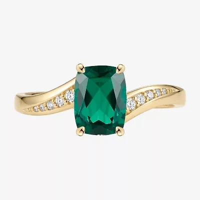 Womens Lab Created Green Emerald 14K Gold Over Silver Cushion Side Stone Cocktail Ring