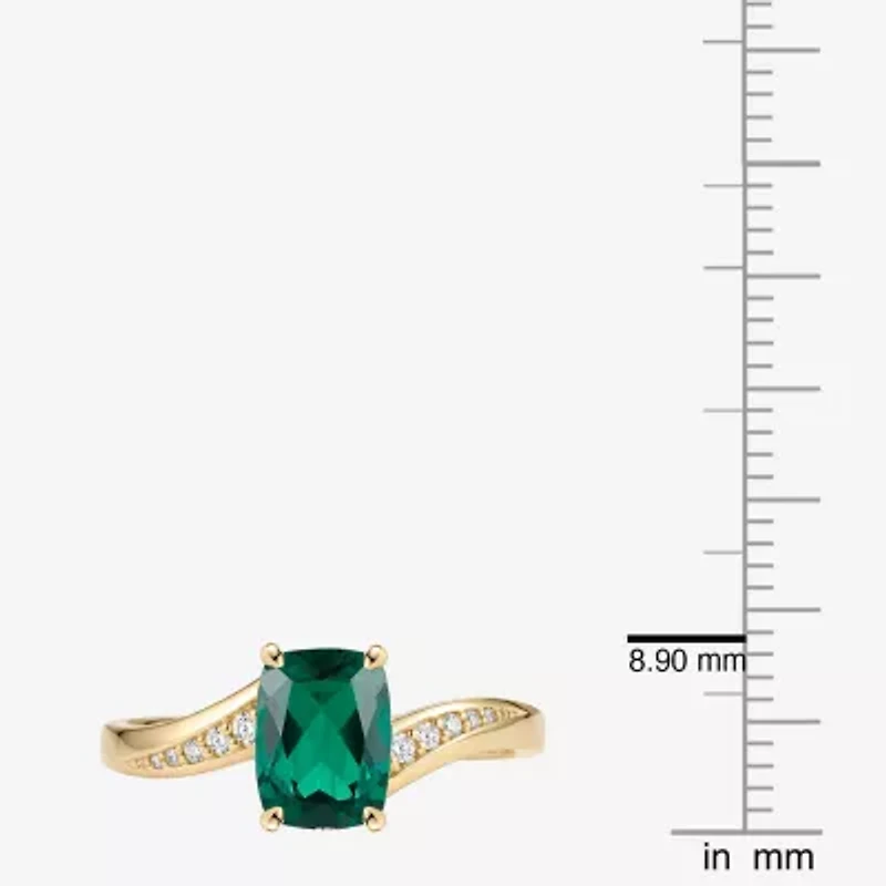 Womens Lab Created Green Emerald 14K Gold Over Silver Cushion Side Stone Cocktail Ring