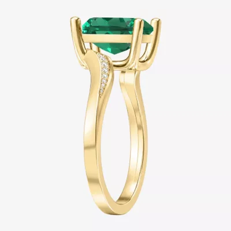 Womens Lab Created Green Emerald 14K Gold Over Silver Cushion Side Stone Cocktail Ring