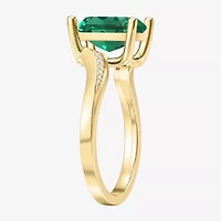 Womens Lab Created Green Emerald 14K Gold Over Silver Cushion Side Stone Cocktail Ring