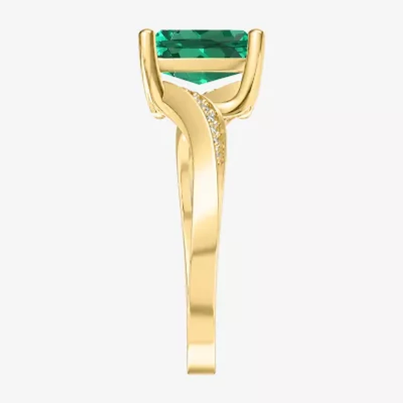 Womens Lab Created Green Emerald 14K Gold Over Silver Cushion Side Stone Cocktail Ring
