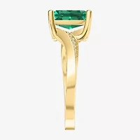 Womens Lab Created Green Emerald 14K Gold Over Silver Cushion Side Stone Cocktail Ring