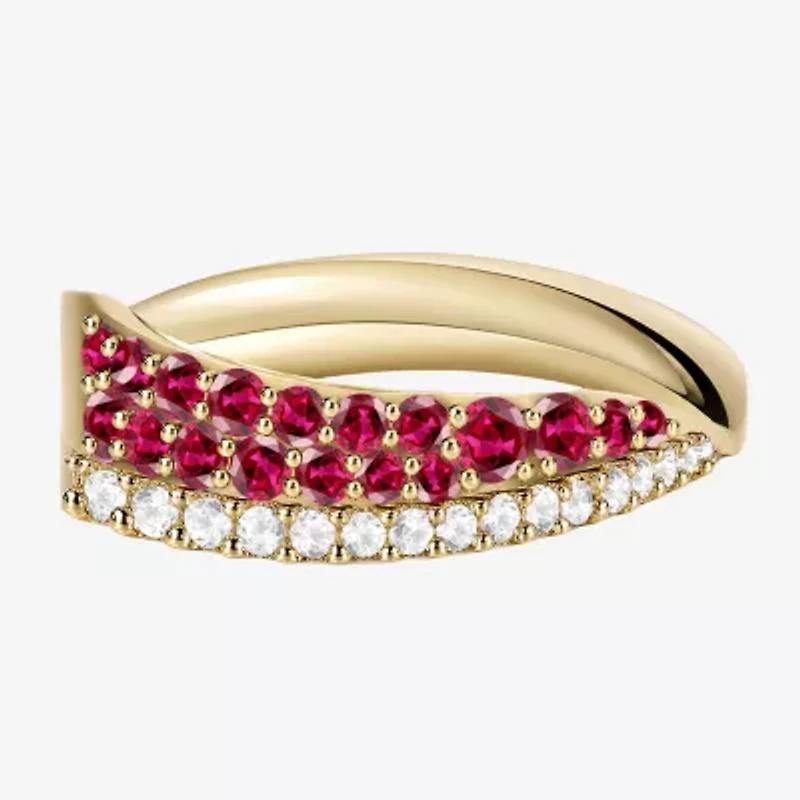 Womens 2MM Lab Created Red Ruby 14K Gold Over Silver Band