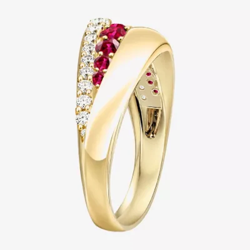 Womens 2MM Lab Created Red Ruby 14K Gold Over Silver Band
