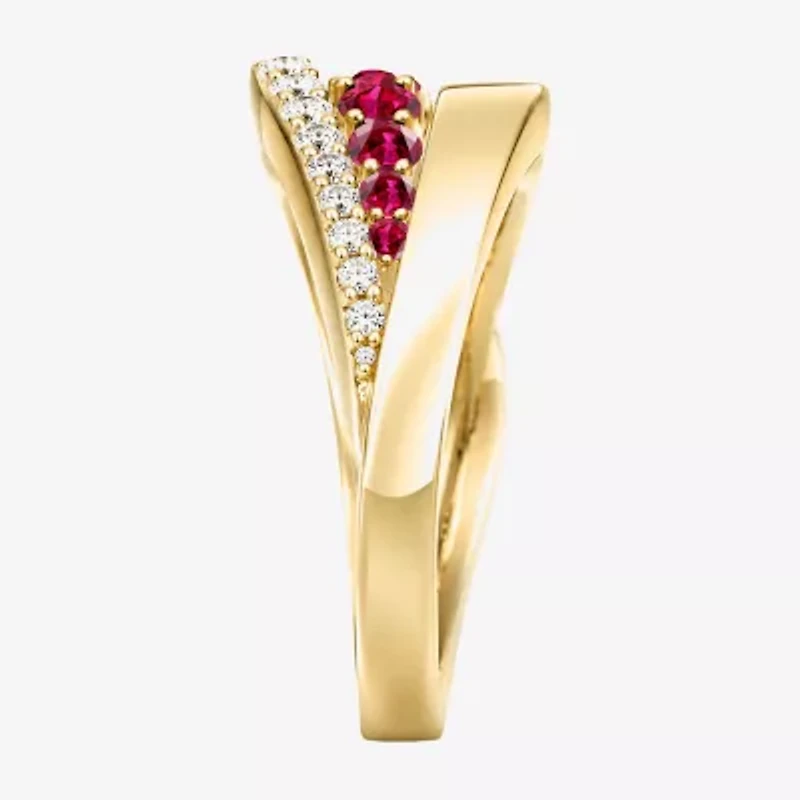 Womens 2MM Lab Created Red Ruby 14K Gold Over Silver Band