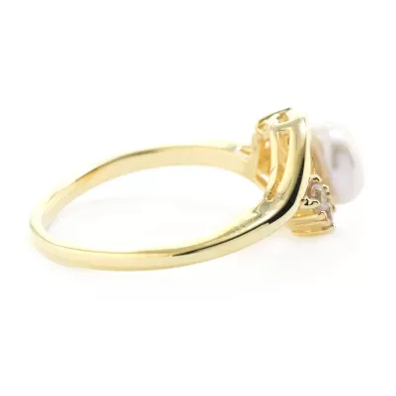 Silver Treasures Womens White Cultured Freshwater Pearl Cubic Zirconia 14K Gold Over Promise Ring