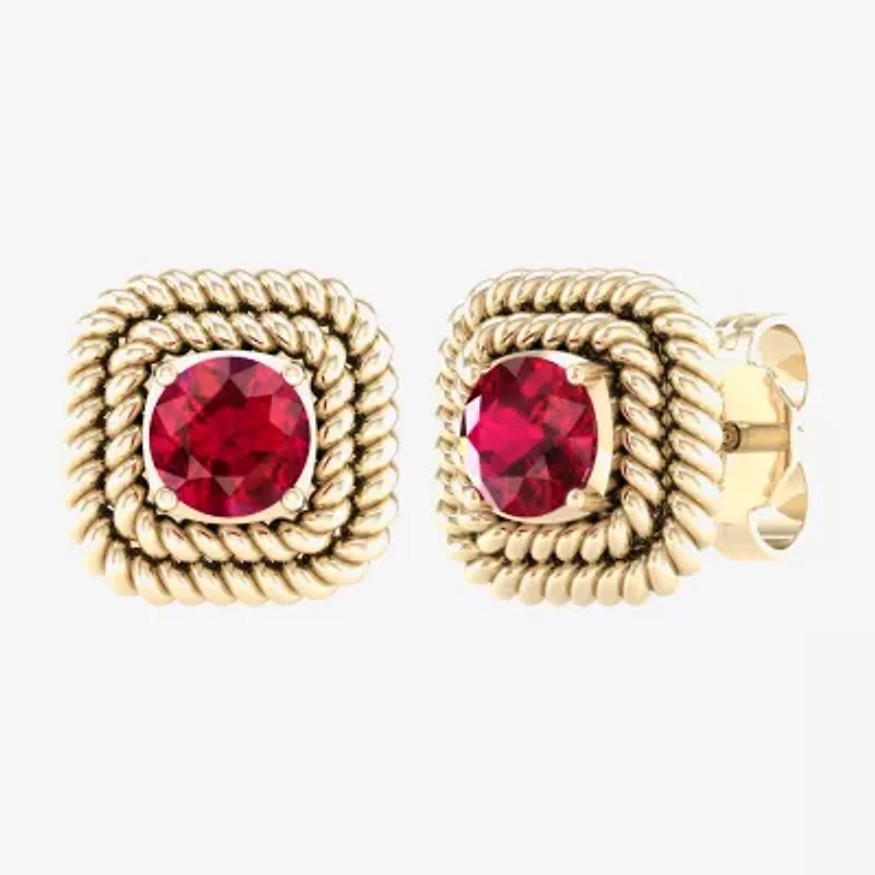 Lead Glass-Filled Red Ruby 10K Gold 9.7mm Square Stud Earrings