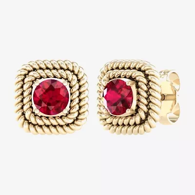 Lead Glass-Filled Red Ruby 10K Gold 9.7mm Square Stud Earrings