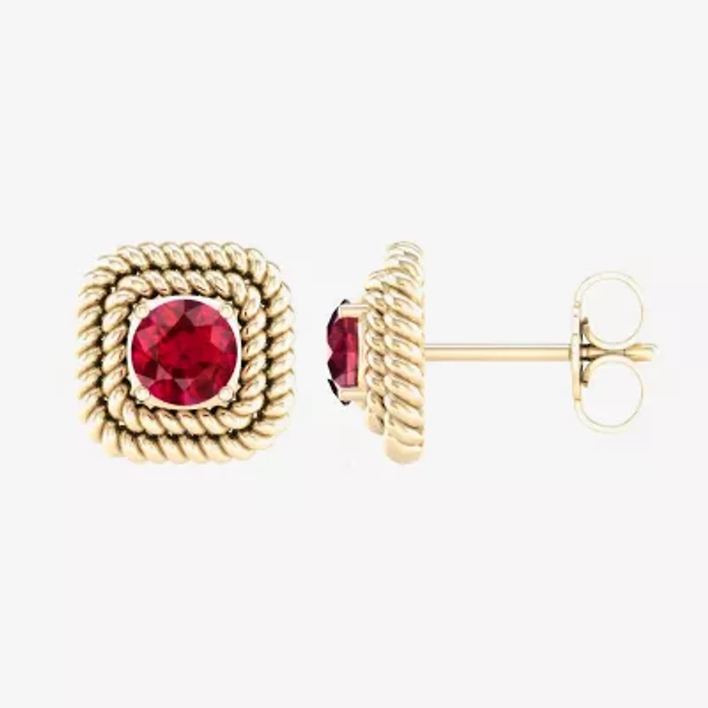 Lead Glass-Filled Red Ruby 10K Gold 9.7mm Square Stud Earrings