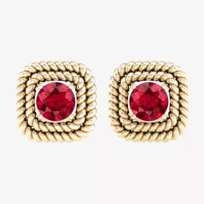 Lead Glass-Filled Red Ruby 10K Gold 9.7mm Square Stud Earrings