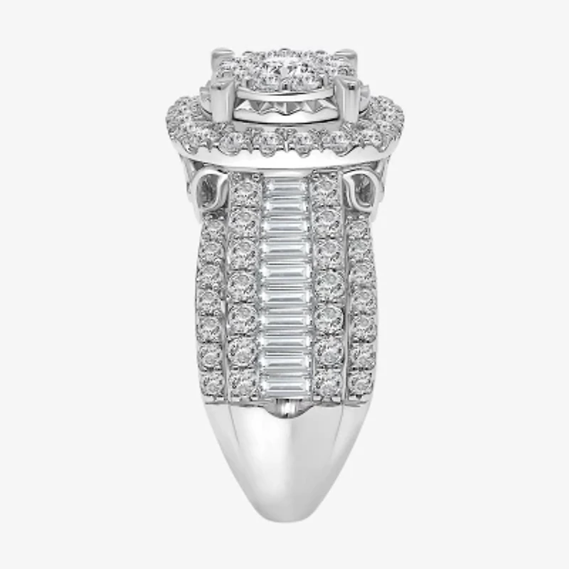 (I / I1) Womens 3 CT. T.W. Lab Grown White Diamond 10K Gold Cushion Side Stone Halo Engagement Ring