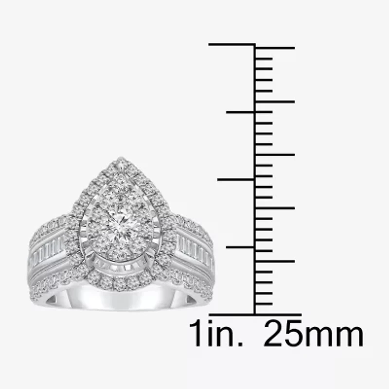 (I / I1) Womens 2 CT. T.W. Lab Grown White Diamond 10K Gold Pear Side Stone Engagement Ring