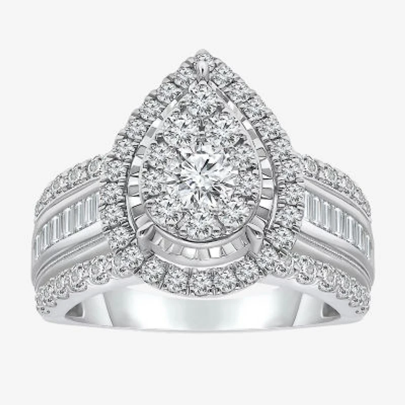 (I / I1) Womens 2 CT. T.W. Lab Grown White Diamond 10K Gold Pear Side Stone Engagement Ring