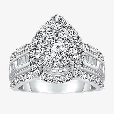 (I / I1) Womens 2 CT. T.W. Lab Grown White Diamond 10K Gold Pear Side Stone Engagement Ring