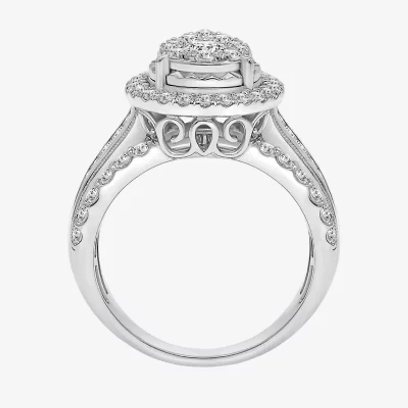 (I / I1) Womens 2 CT. T.W. Lab Grown White Diamond 10K Gold Pear Side Stone Engagement Ring